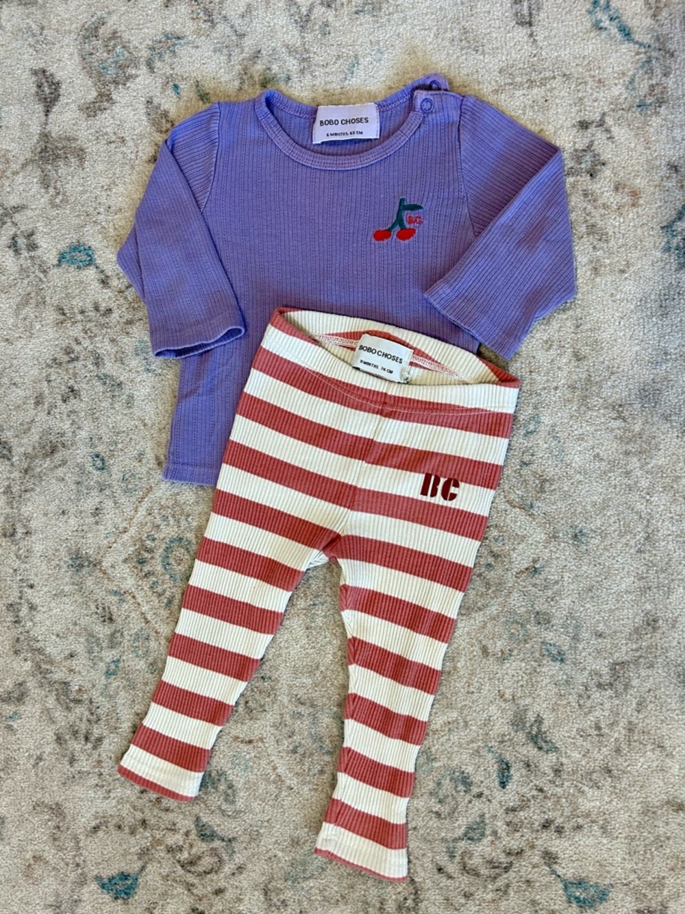 Bobo Choses Purple Ribbed Top with Red & Cream Striped Leggings